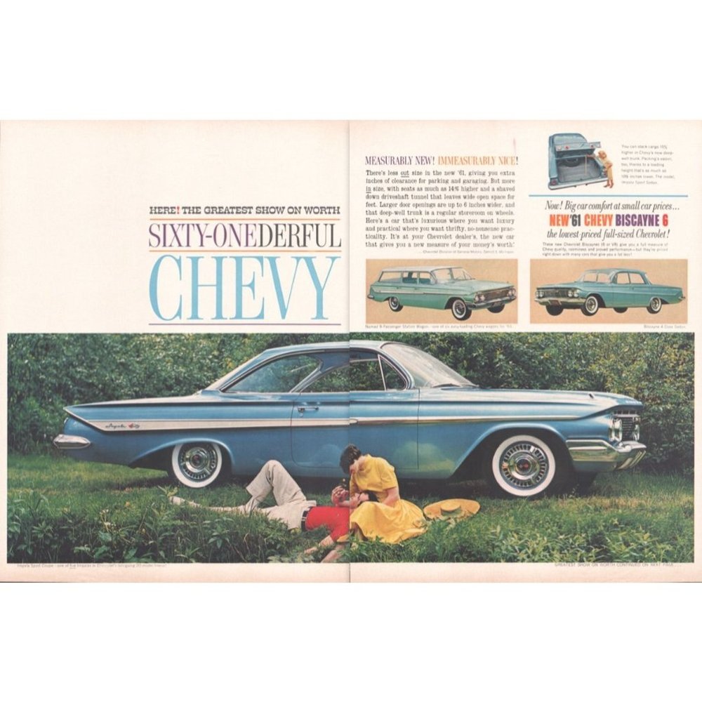 1961 Chevy Impala Biscayne 6 2 Page Vintage Print Ad Picnic Field Yellow Dress